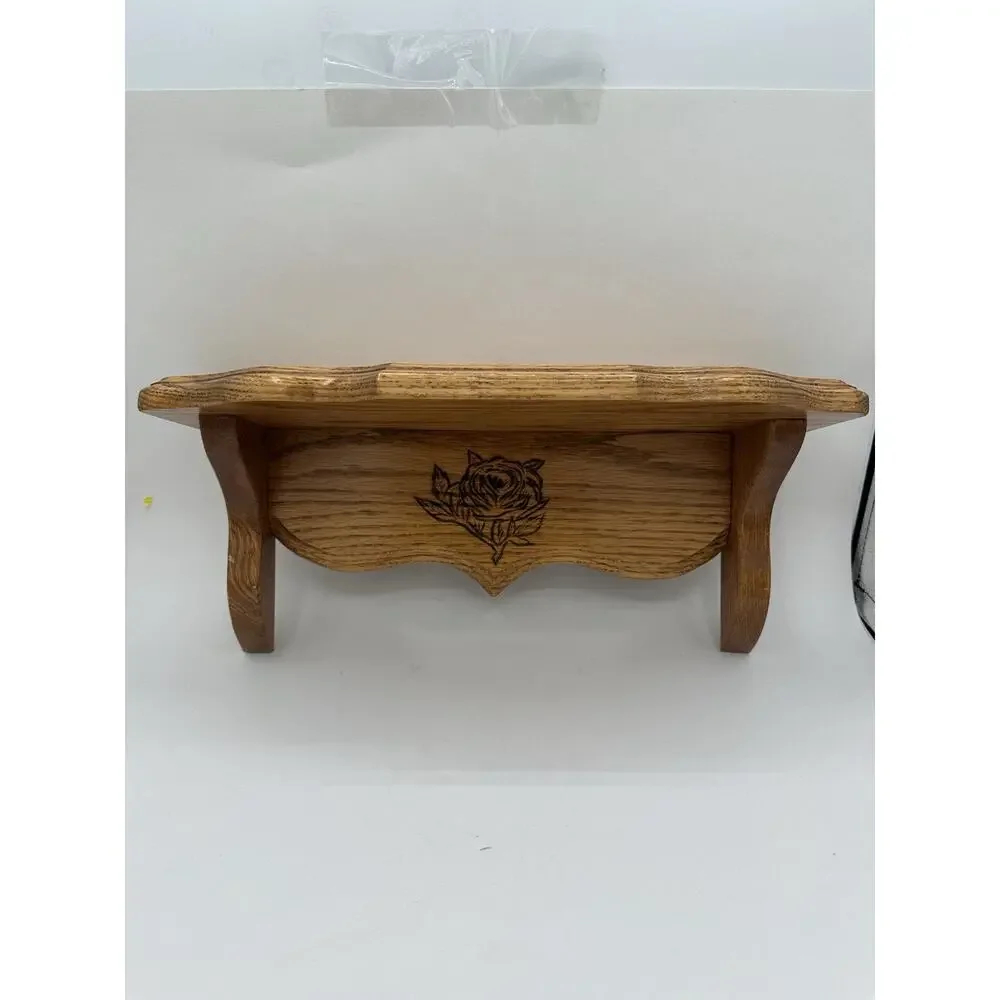 Vintage Oak Wooden Shelf: Scalloped Edge Wall Decor Etched Flower Design